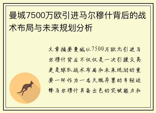 曼城7500万欧引进马尔穆什背后的战术布局与未来规划分析