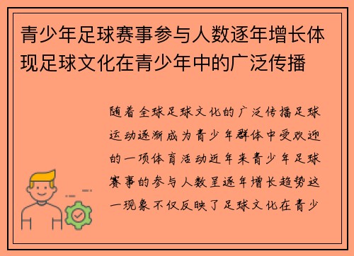 青少年足球赛事参与人数逐年增长体现足球文化在青少年中的广泛传播