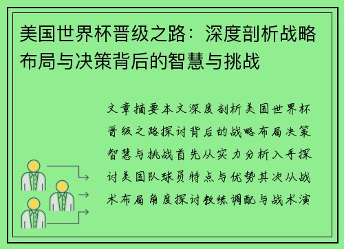 美国世界杯晋级之路：深度剖析战略布局与决策背后的智慧与挑战